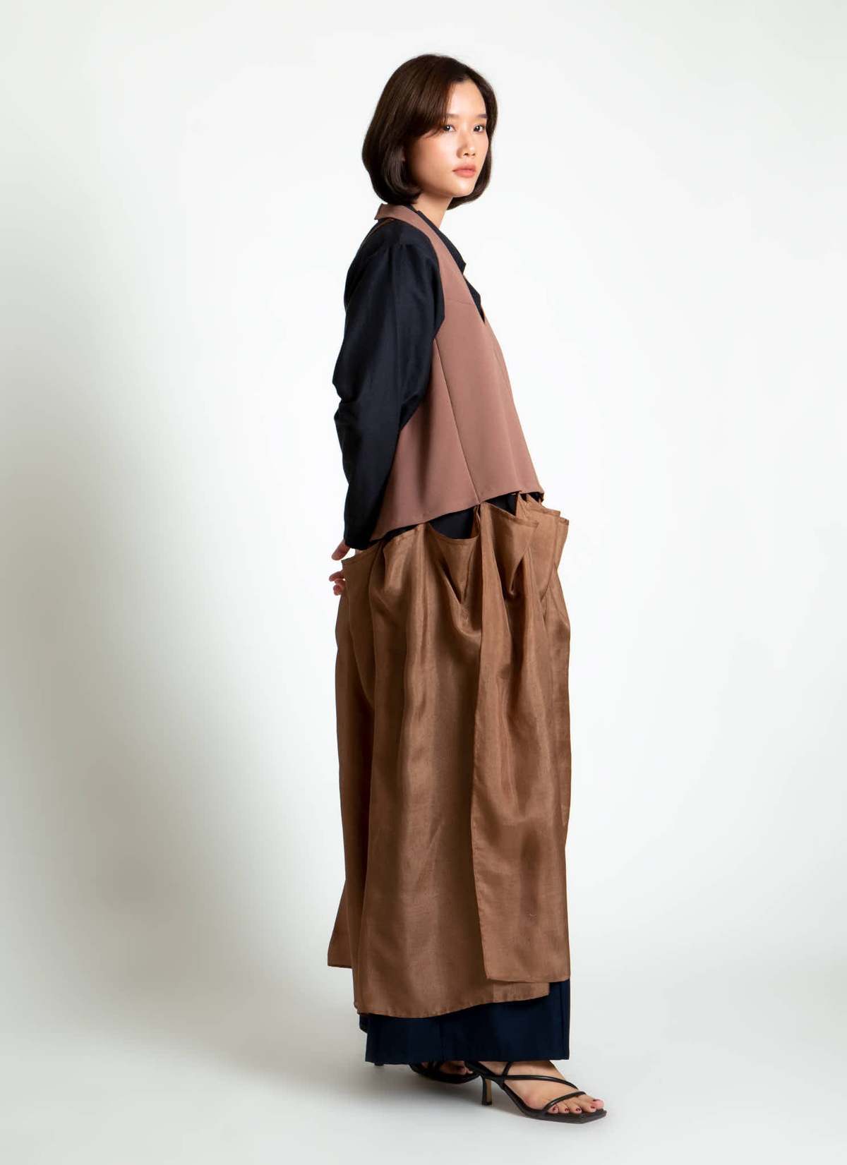 KAAREM Rhythm Halter Áo Dài Two-Piece Dress with Silk Organza Skirt - Cacao Brown / Brown Silk Organza - Image 18 of 29