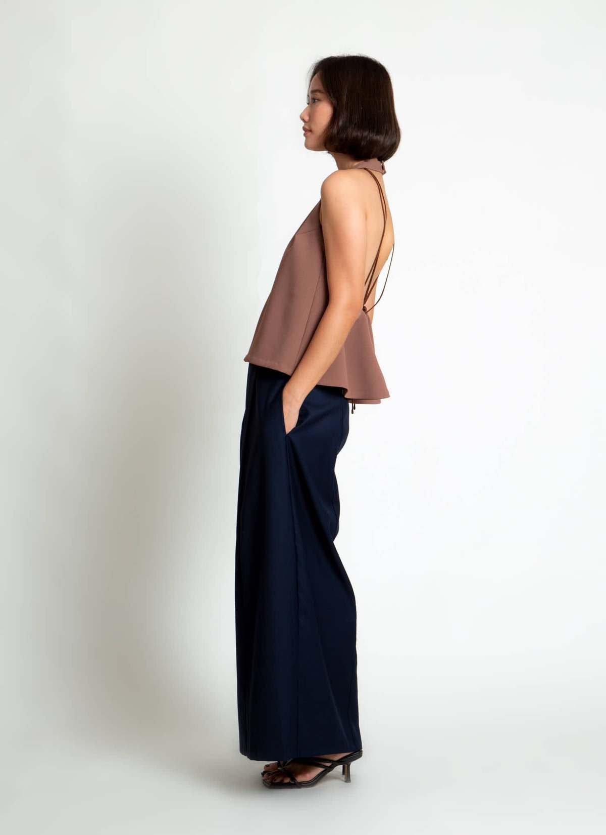 KAAREM Rhythm Halter Áo Dài Two-Piece Dress with Silk Organza Skirt - Cacao Brown / Brown Silk Organza - Image 21 of 29