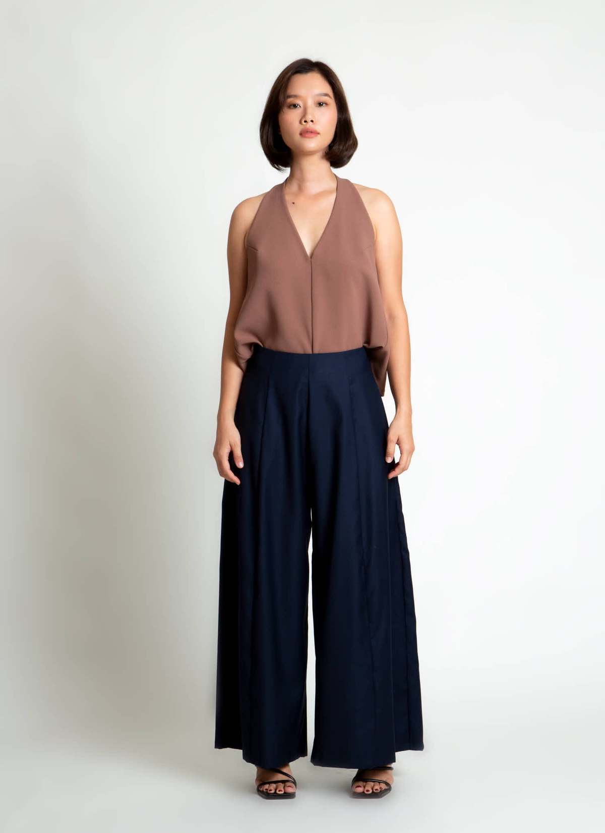 KAAREM Rhythm Halter Áo Dài Two-Piece Dress with Silk Organza Skirt - Cacao Brown / Brown Silk Organza - Image 22 of 29