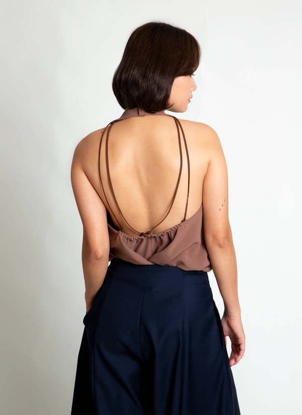 KAAREM Rhythm Halter o Di Two-Piece Dress with Silk Organza Skirt - Cacao Brown / Brown Silk Organza