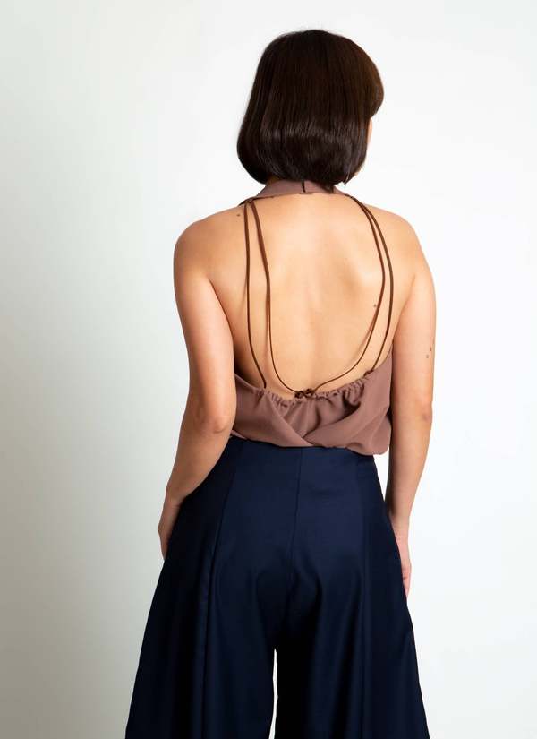 KAAREM Rhythm Halter o Di Two-Piece Dress with Silk Organza Skirt - Cacao Brown / Brown Silk Organza