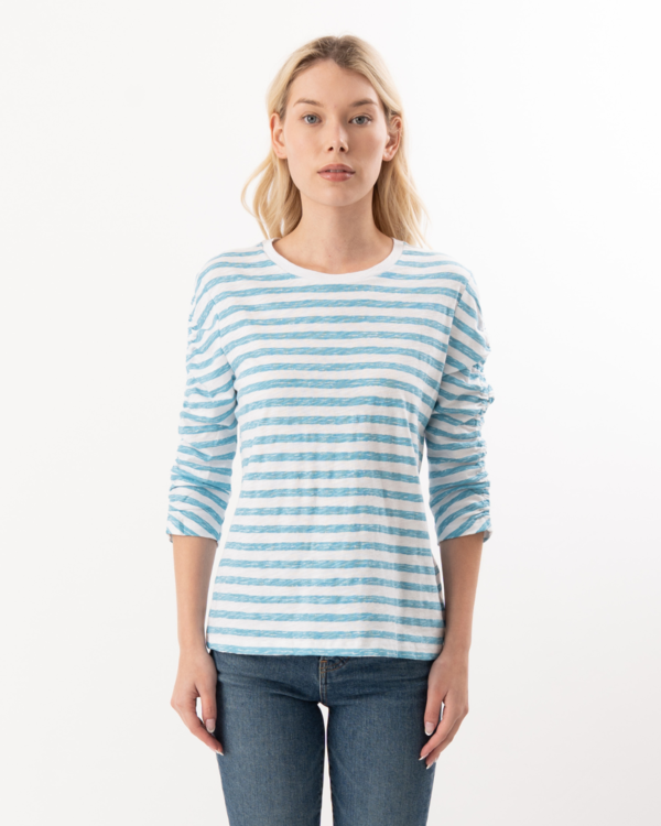 ELLIOTT LAUREN 3/4 Ruched Sleeve Striped Tee - Turquoise