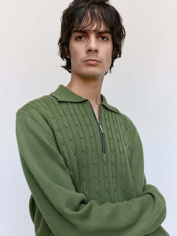 Ernest W. Baker Green Wool Cable Knit Zip Polo