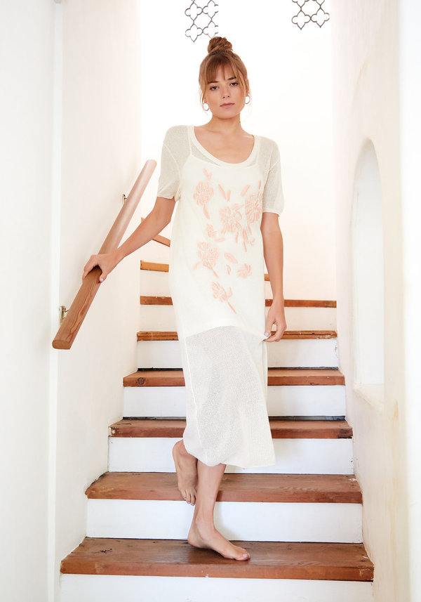 Callahan Embroidered Floral Scoop T-Shirt Dress - Creme | Garmentory Callahan Embroidered Floral Scoop T-Shirt Dress - Creme | Garmentory