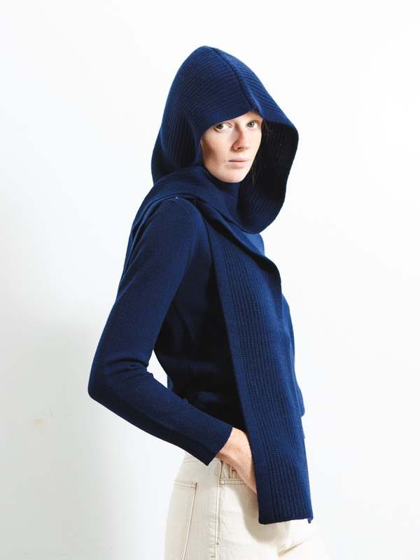 PURECASHMERE NYC Ribbed Hooded Scarf - Navy | Garmentory