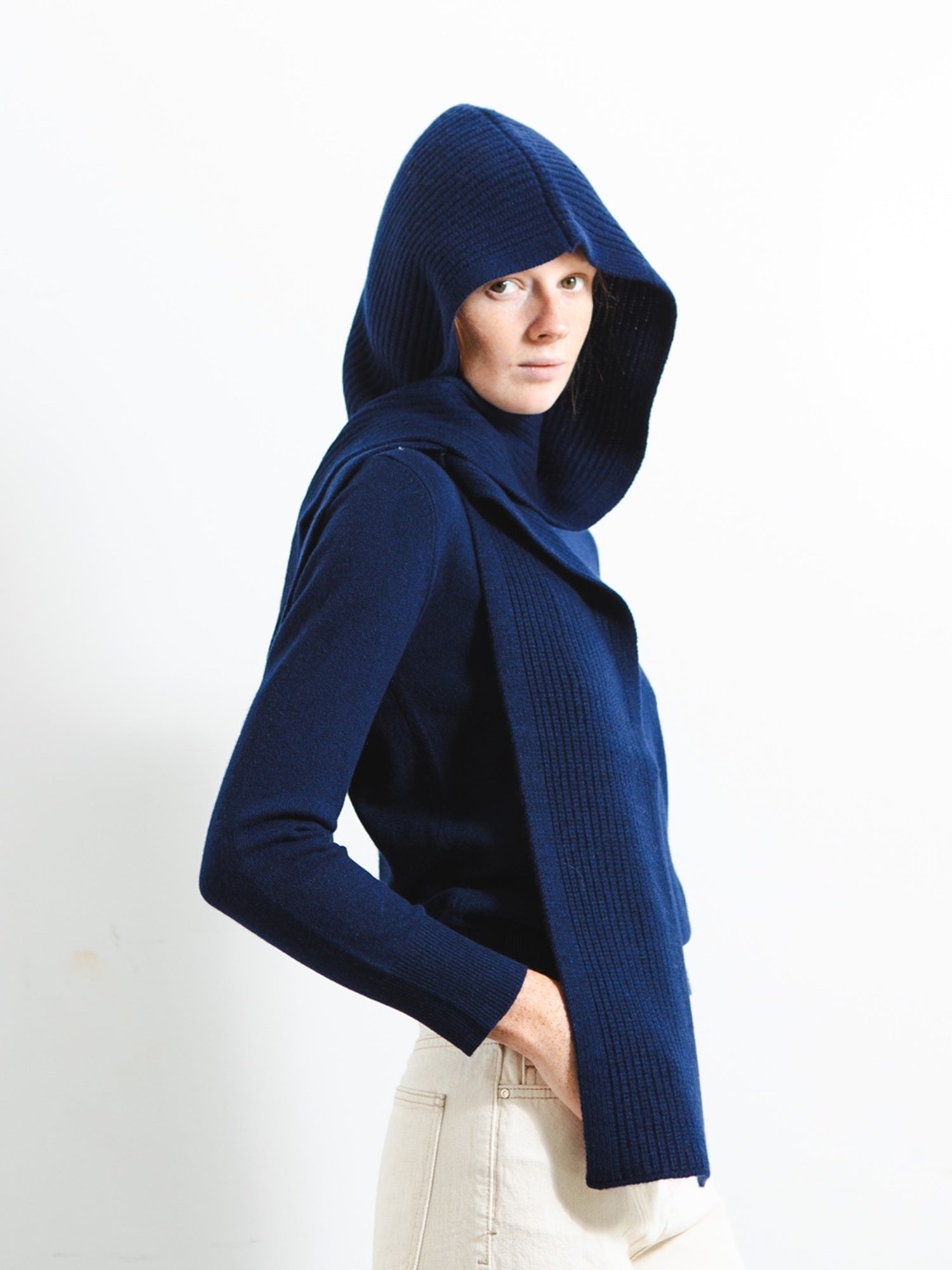 PURECASHMERE NYC Ribbed Hooded Scarf - Navy | Garmentory