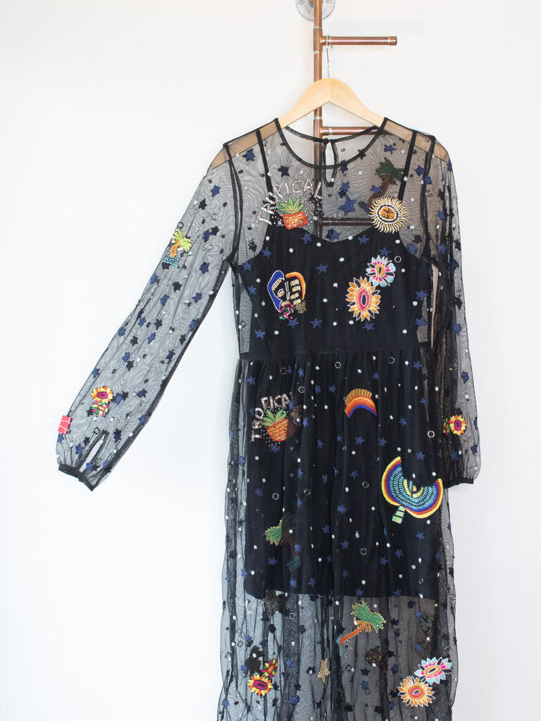 Farm Rio Embroidered Mesh Dress - Black/Multi | Garmentory