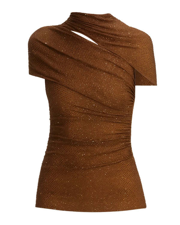 Self-Portrait Rhinestone Mesh Cut Out Top - Brown