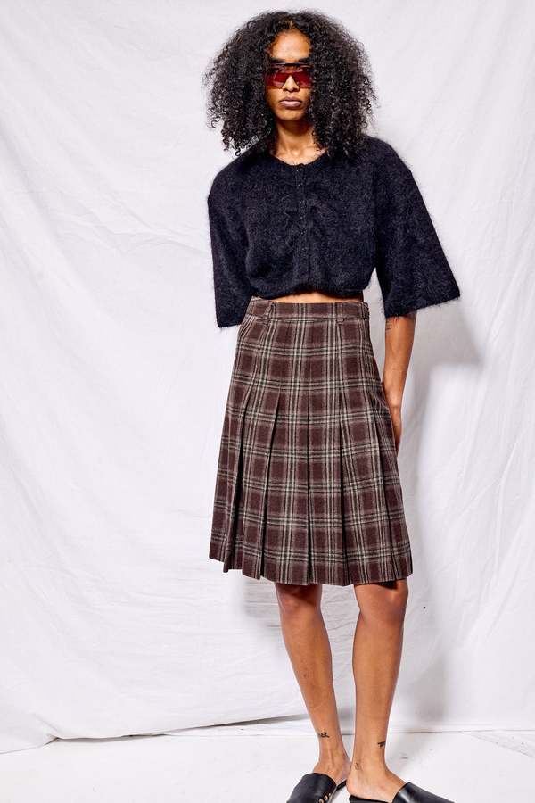 Dunst Brown Check Flannel Pleats Midi Skirt | Garmentory