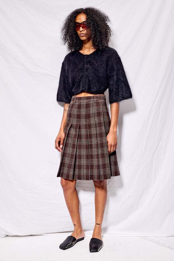 Dunst Brown Check Flannel Pleats Midi Skirt | Garmentory