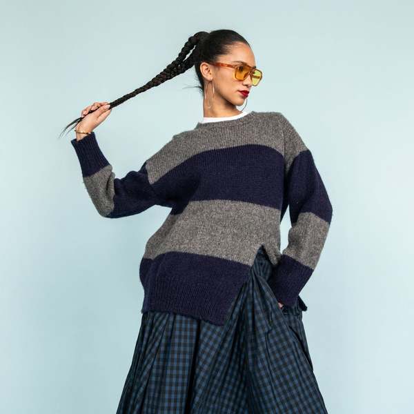 Heather Harlan Striped Crew Sweater - Grey Blue