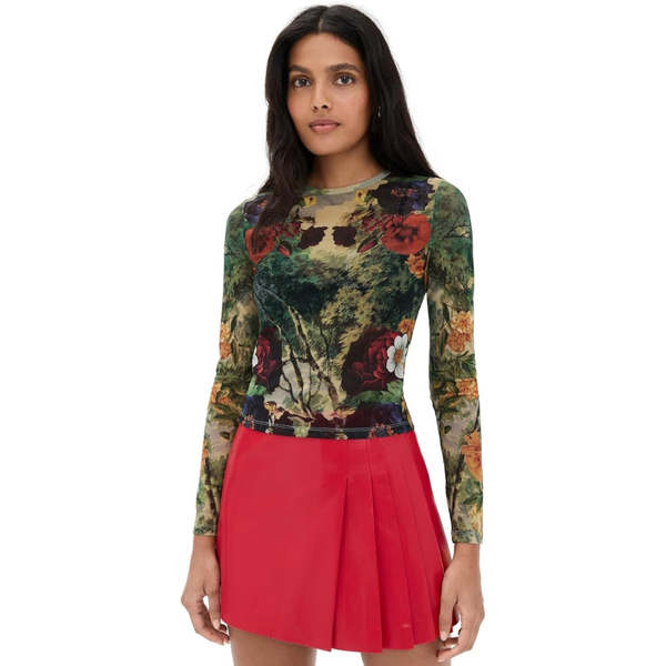 Alice + Olivia Delaina Printed Mesh Crop Top - Forbidden Forest
