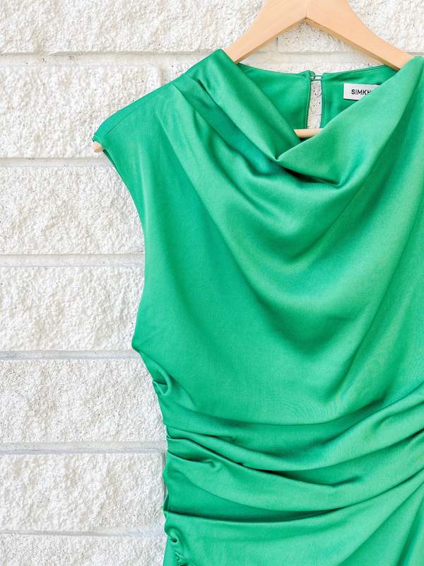 green emerald velvet dress Monica Satin Midi Dress  SIMKHAI