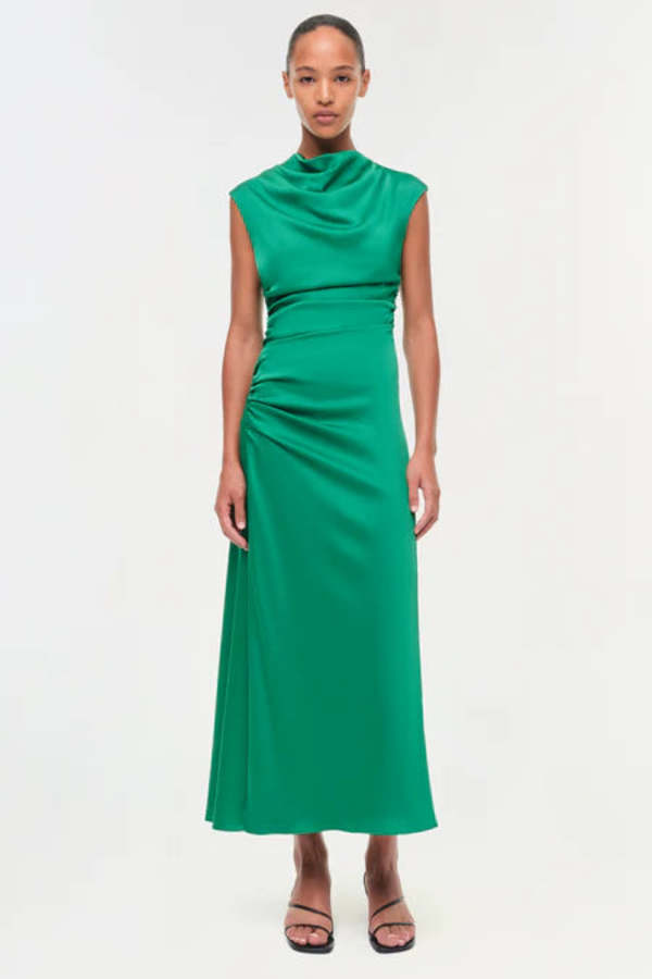 slim fit dress slacks Sage green satin midi dress with draped neckline – Misciano main image 0