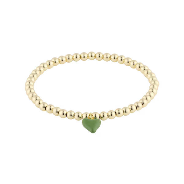 Hart Bead Bracelet with Mini Green Enamel Heart Charm - Gold/Green