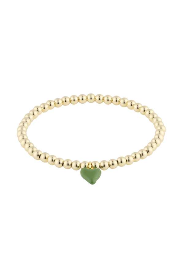 Hart Bead Bracelet with Mini Green Enamel Heart Charm - Gold/Green