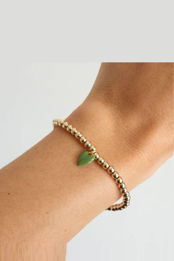 Hart Bead Bracelet with Mini Green Enamel Heart Charm - Gold/Green