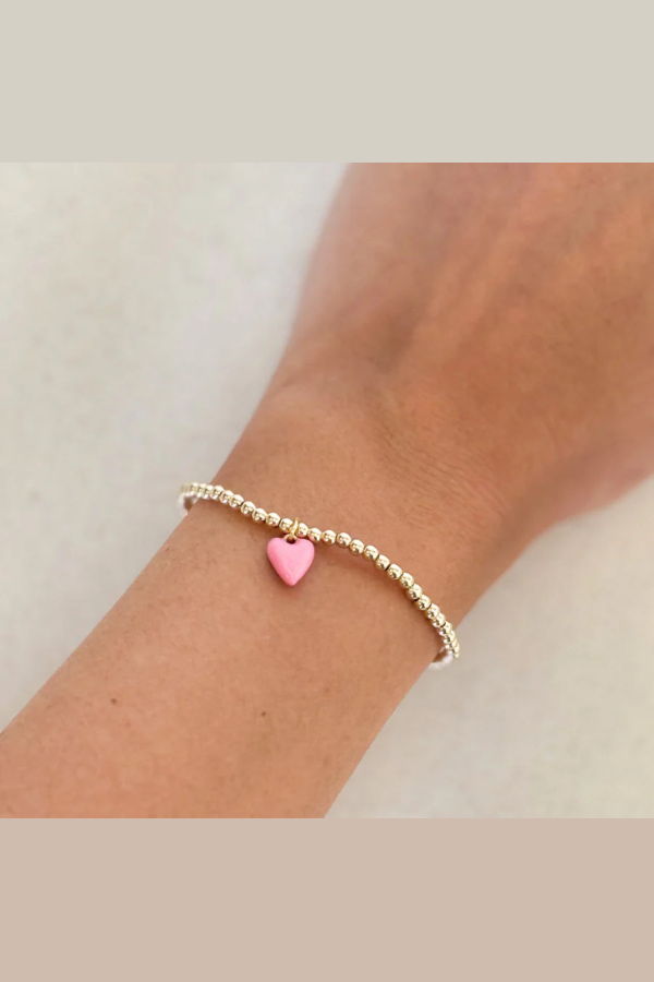 Hart Bead Bracelet with Mini Pink Enamel Heart Charm - Gold/Pink