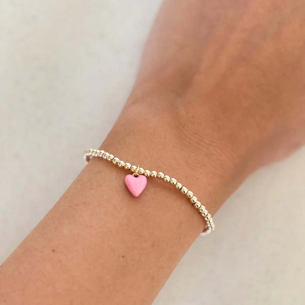 Hart Bead Bracelet with Mini Pink Enamel Heart Charm - Gold/Pink - Image 2 of 3