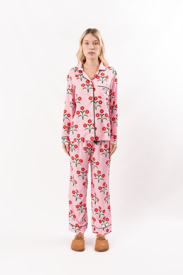 Katie Kime Poinsettias Long Sleeve Pajama Set - Pink