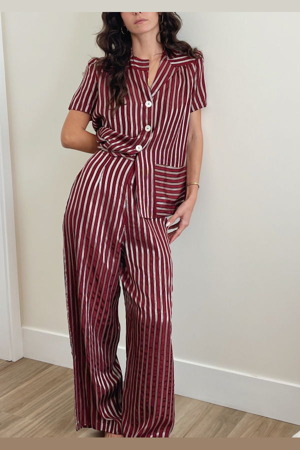 1940s Stripe House Lounge Set - Maroon Stripe