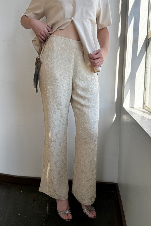 Vintage Cream Silk Beaded Embroidered Pants