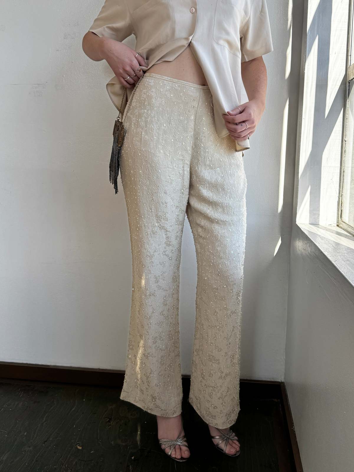 Vintage Cream Silk Beaded Embroidered Pants - Image 1 of 4