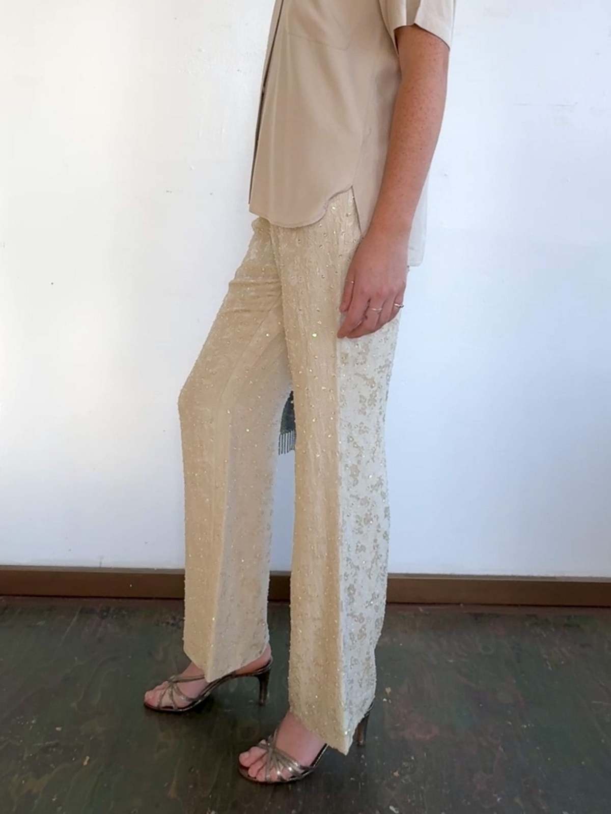 Vintage Cream Silk Beaded Embroidered Pants - Image 2 of 4