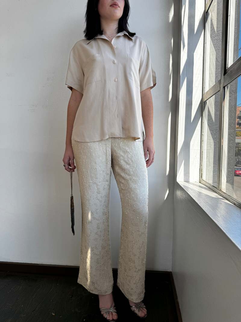 Vintage Cream Silk Beaded Embroidered Pants