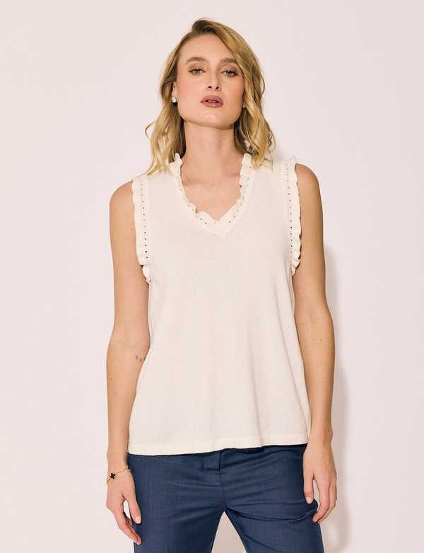 Lindsay Nicholas New York Frill V-Neck Shell - Creme Lindsay Nicholas New York Frill V-Neck Shell - Creme