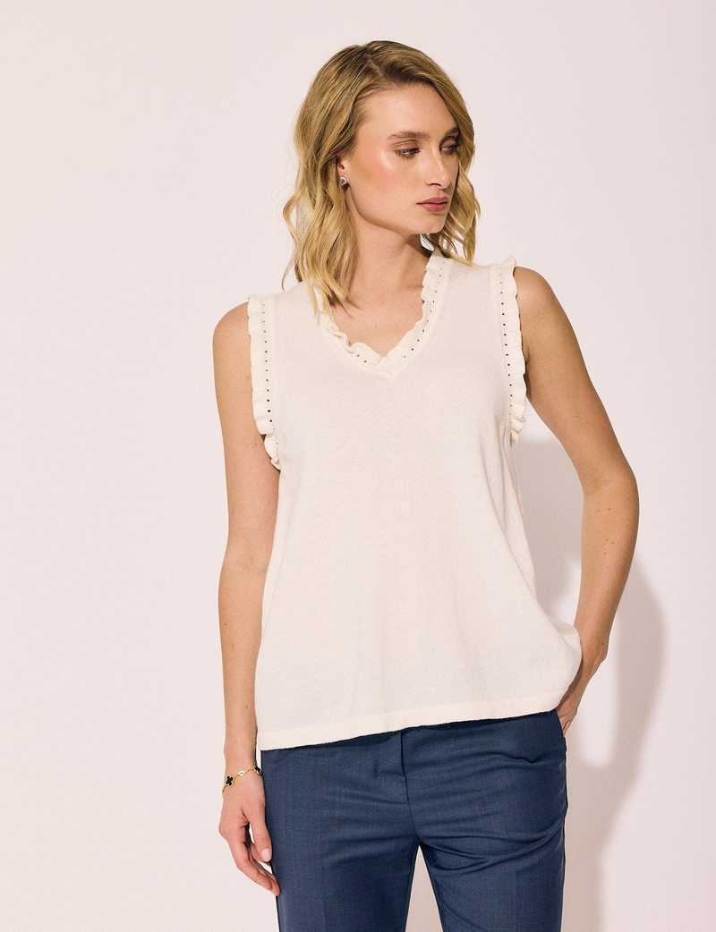 Lindsay Nicholas New York Frill V-Neck Shell - Creme