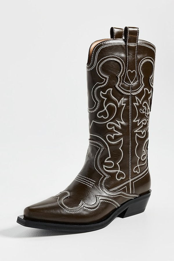 Ganni Mid Shaft Embroidered Western Boot - Dark Olive