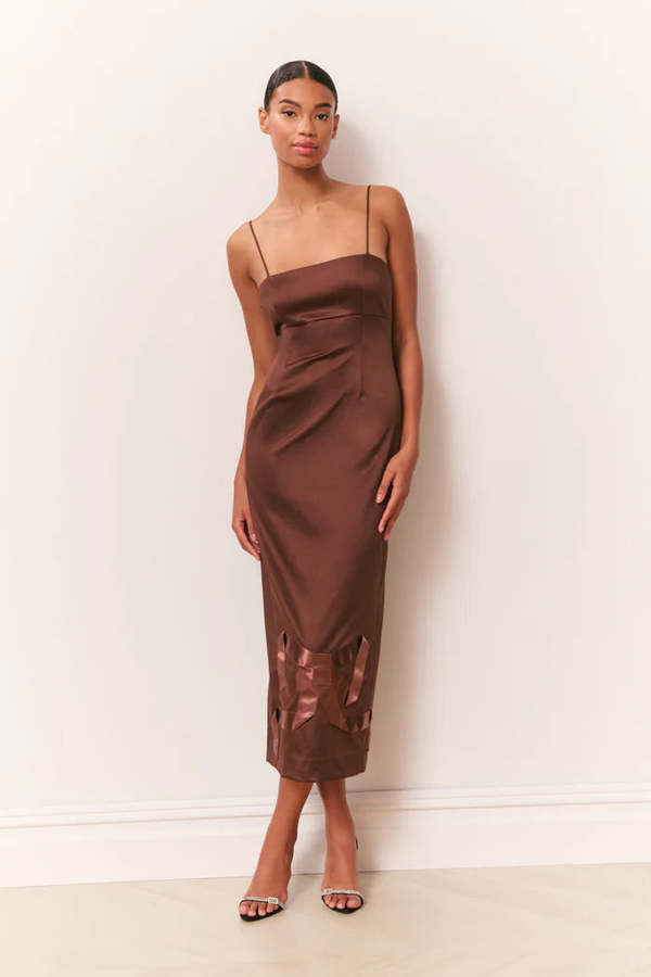 LoveShackFancy Calise Satin Bow Detail Midi Dress - Chocolate Brown |  Garmentory