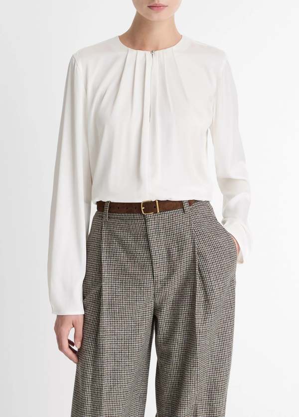 VINCE Silk-Blend Pleated-Neck Blouse - Off White