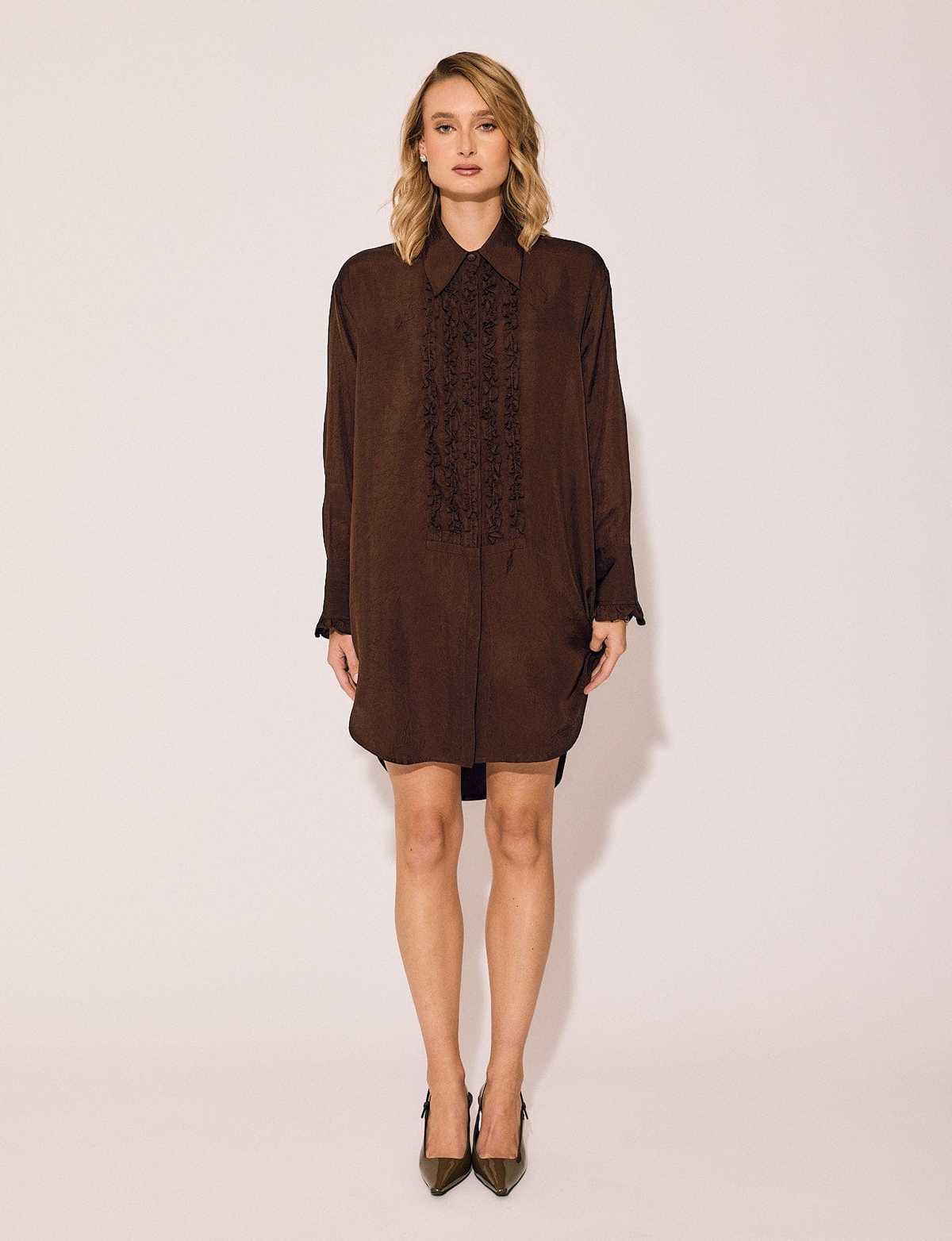 Lindsay Nicholas New York Tuxedo Shirt Dress - Chocolate - Image 2 of 5