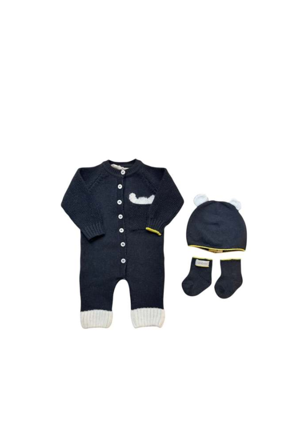 Kids Gensami Three Piece Set Peek-a-boo Alpachino Jumpsuit, Hat and Booties - Black