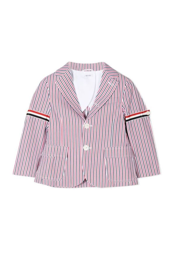 KIDS Thom Browne Patch Pocket Sport Coat with RWB Armbands in Seersucker Stripe Sport Coat - Multicolour