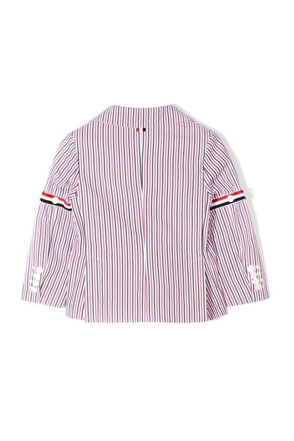 KIDS Thom Browne Patch Pocket Sport Coat with RWB Armbands in Seersucker Stripe Sport Coat - Multicolour