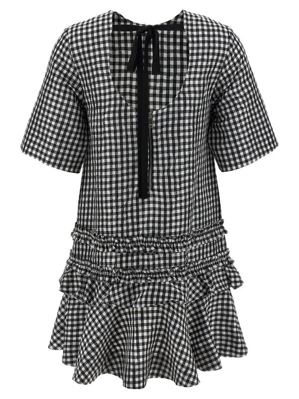 Ganni Crinkled Check Mini Dress - White/Black | Garmentory