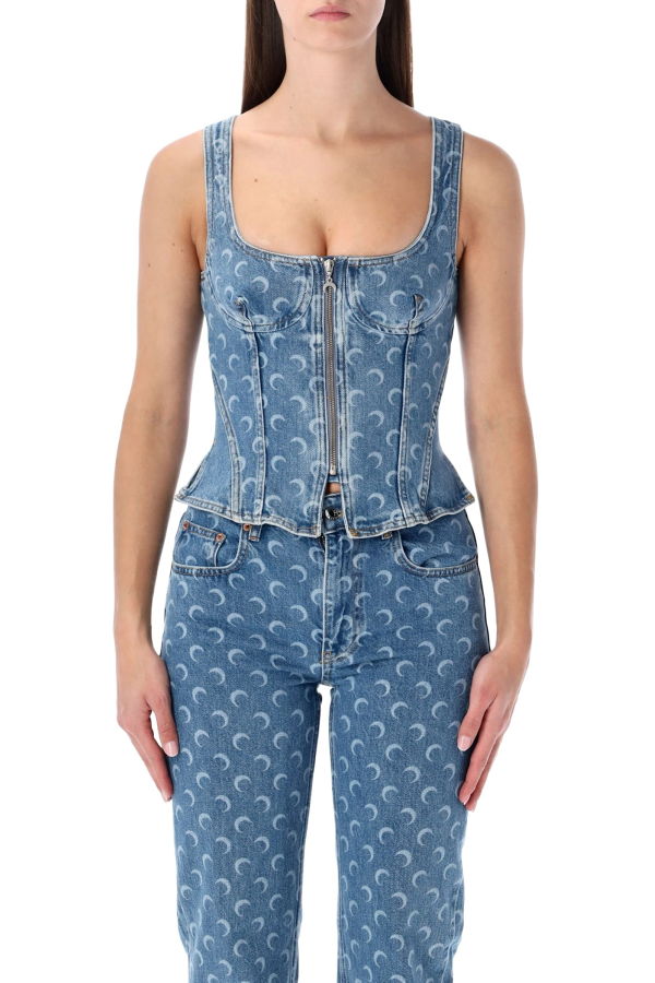 MARINE SERRE Moon Laser Denim Bustier Top - Light Blue