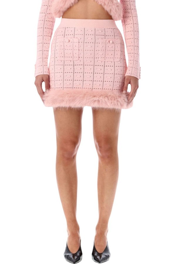 Self-Portrait Knit Mini Skirt With Faux Fur Hem - Pink