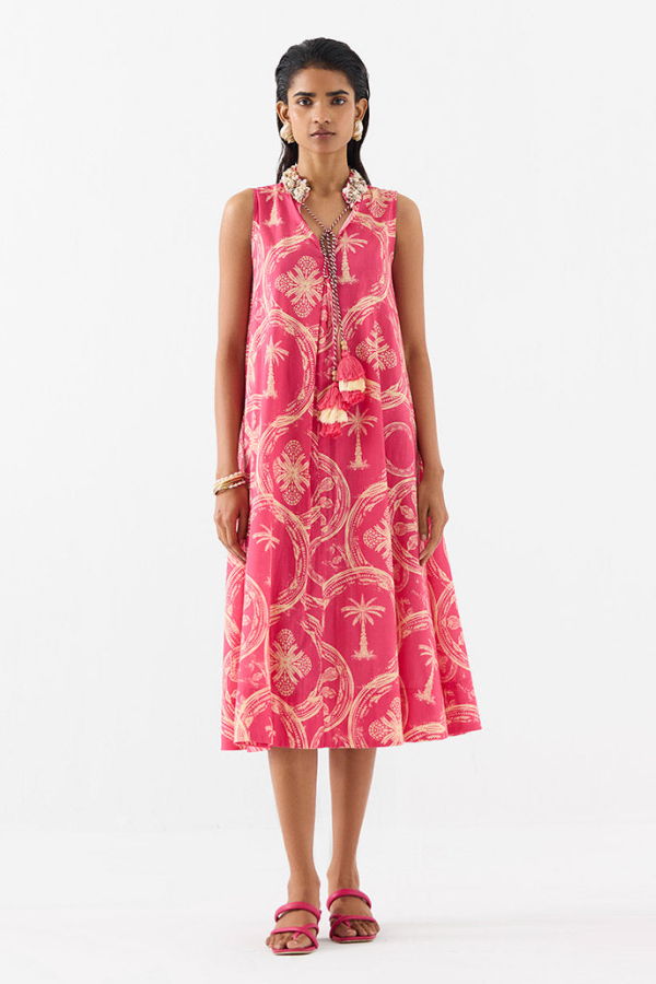 IKKIVI Areca Palm A-Line Dress - Pink