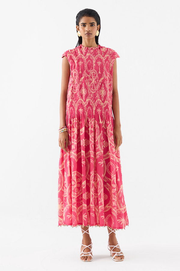 IKKIVI Areca Palm Ruching Dress - Pink