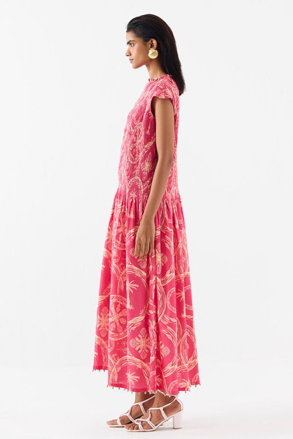 IKKIVI Areca Palm Ruching Dress - Pink