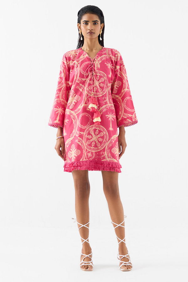 IKKIVI Areca Palm Bell Sleeves Dress - Pink