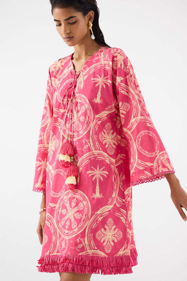 IKKIVI Areca Palm Bell Sleeves Dress - Pink