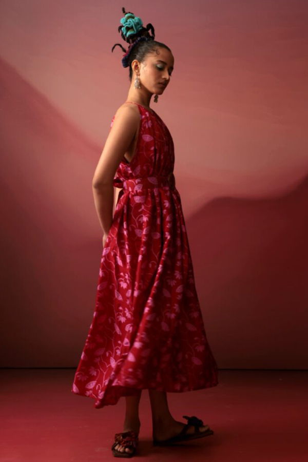 IKKIVI Crimson Floral Midi Dress