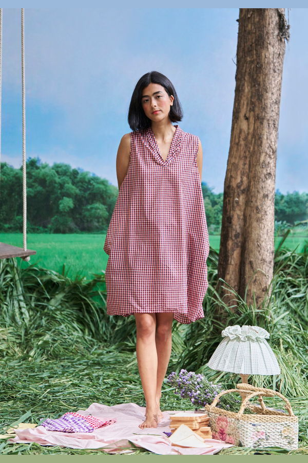 IKKIVI Gaul School Grid Dress - Red-Blue Check