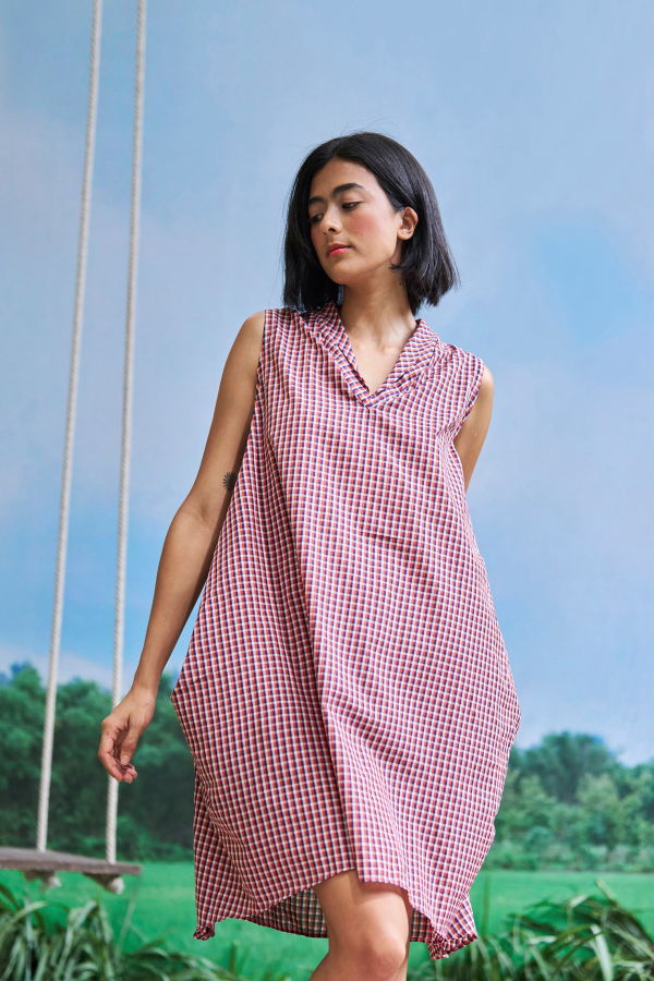 IKKIVI Gaul School Grid Dress - Red-Blue Check