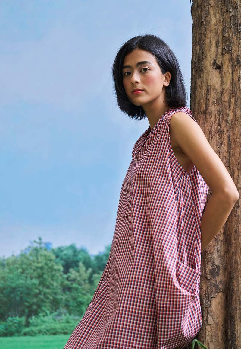 IKKIVI Gaul School Grid Dress - Red-Blue Check